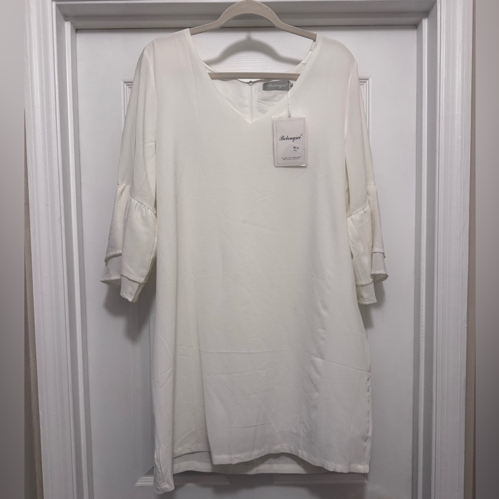 White V-Neck Dress with Ruffle Sleeves